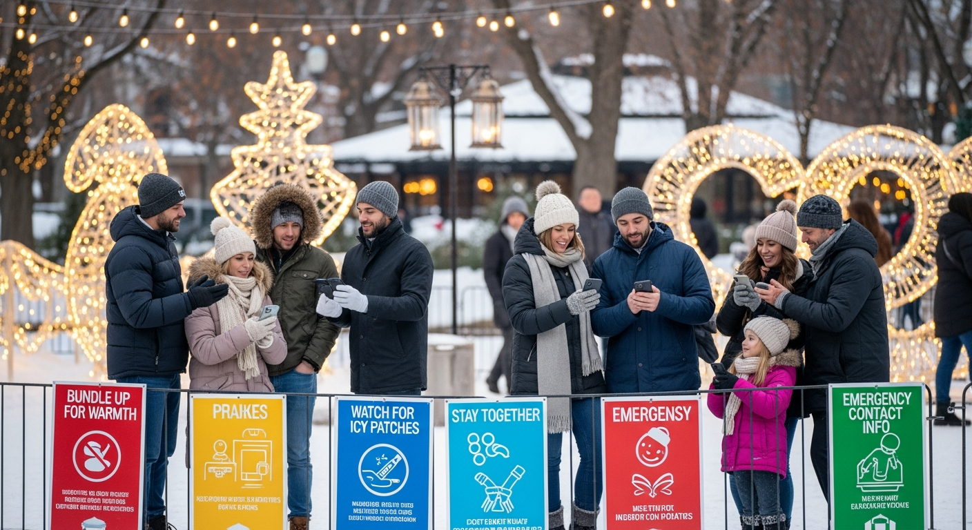 크리스마스 행사장에서 복장과 안전 준비를 하는 방문객들