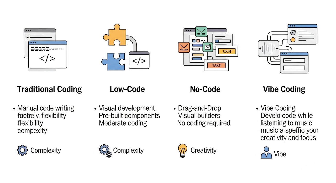 전통적 코딩, 로코드, 노코드, 바이브 코딩의 차이점을 비교한 인포그래픽