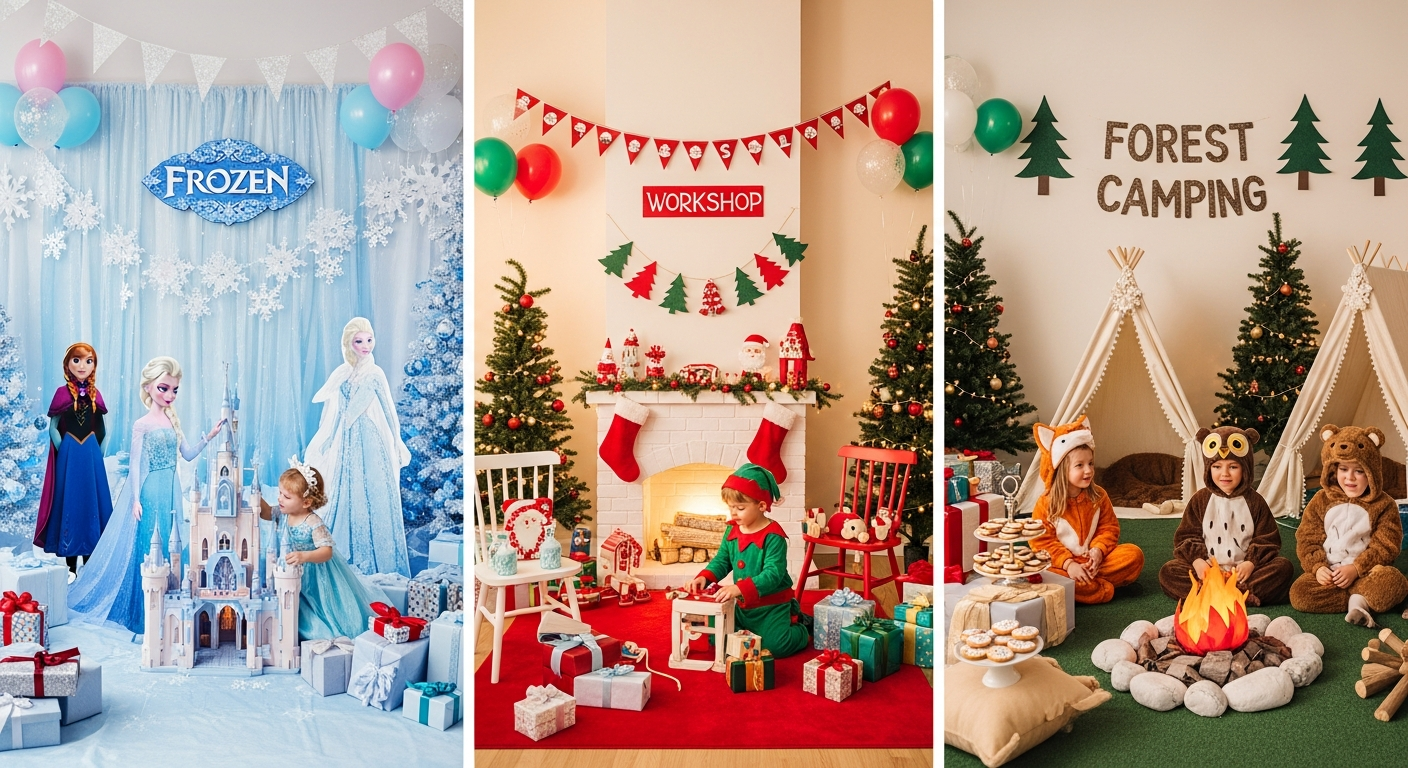 어린이 크리스마스 홈파티 테마별 장식과 아이들이 관련 의상을 입고 있는 모습