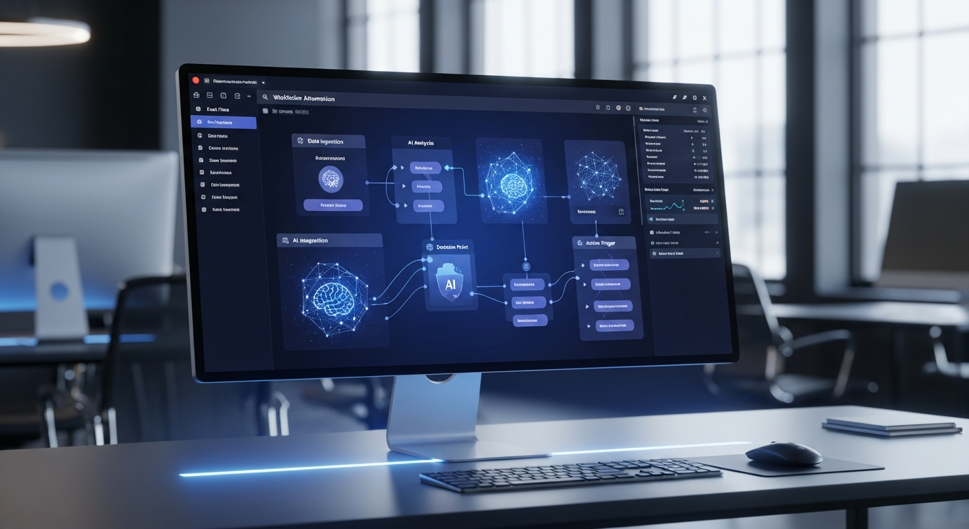 n8n 워크플로우 자동화 인터페이스를 보여주는 현대적인 사무실 풍경
