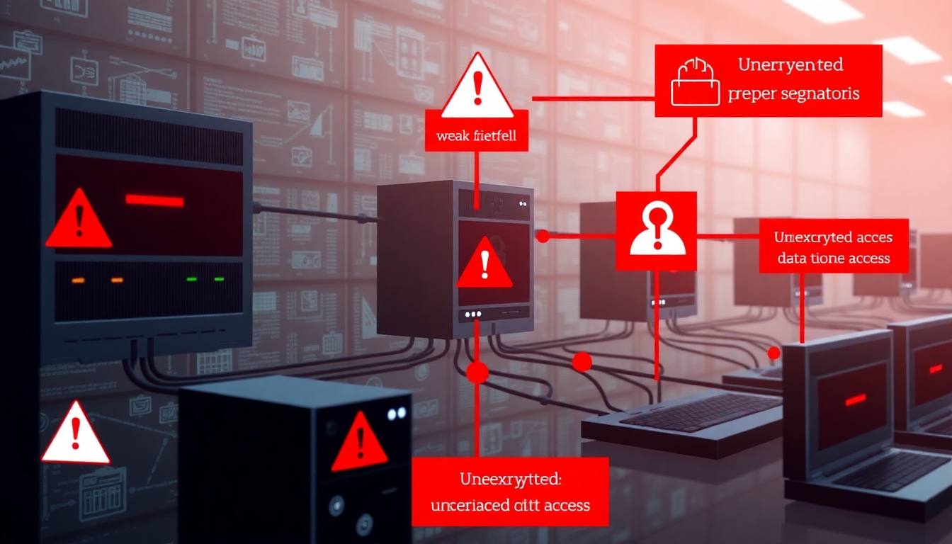 보안 취약점을 보여주는 내부 네트워크와 데이터 암호화 실패 이미지