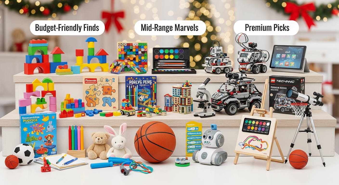 예산별로 분류된 어린이 크리스마스 선물 종류들이 진열된 모습