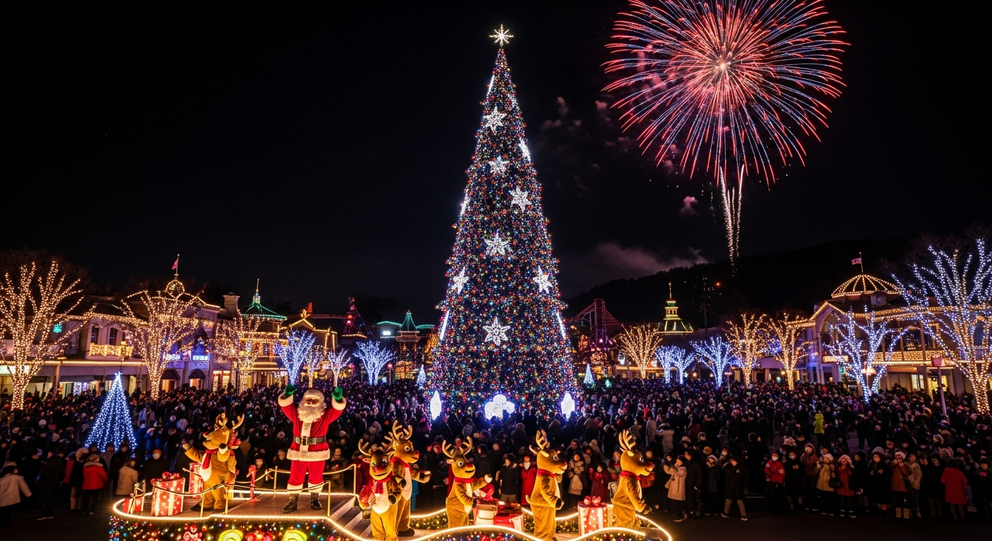 에버랜드 크리스마스 축제의 초대형 트리와 퍼레이드, 불꽃놀이 모습