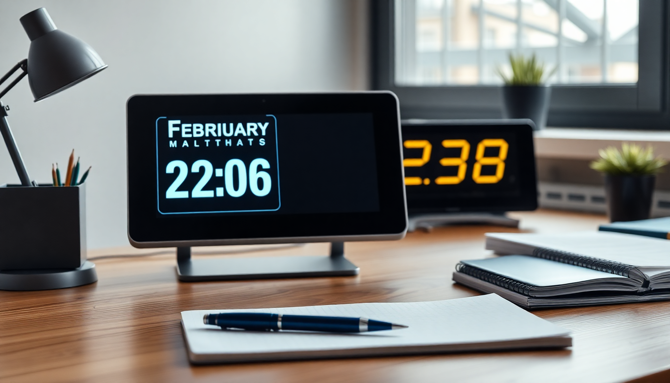 현대적인 작업 공간에 디지털 캘린더와 시계를 보여주는 이미지