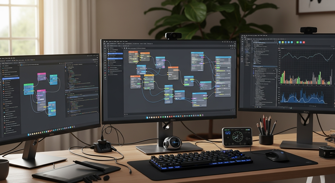 노드 기반 워크플로우 자동화 소프트웨어 인터페이스가 보이는 현대적 작업 공간