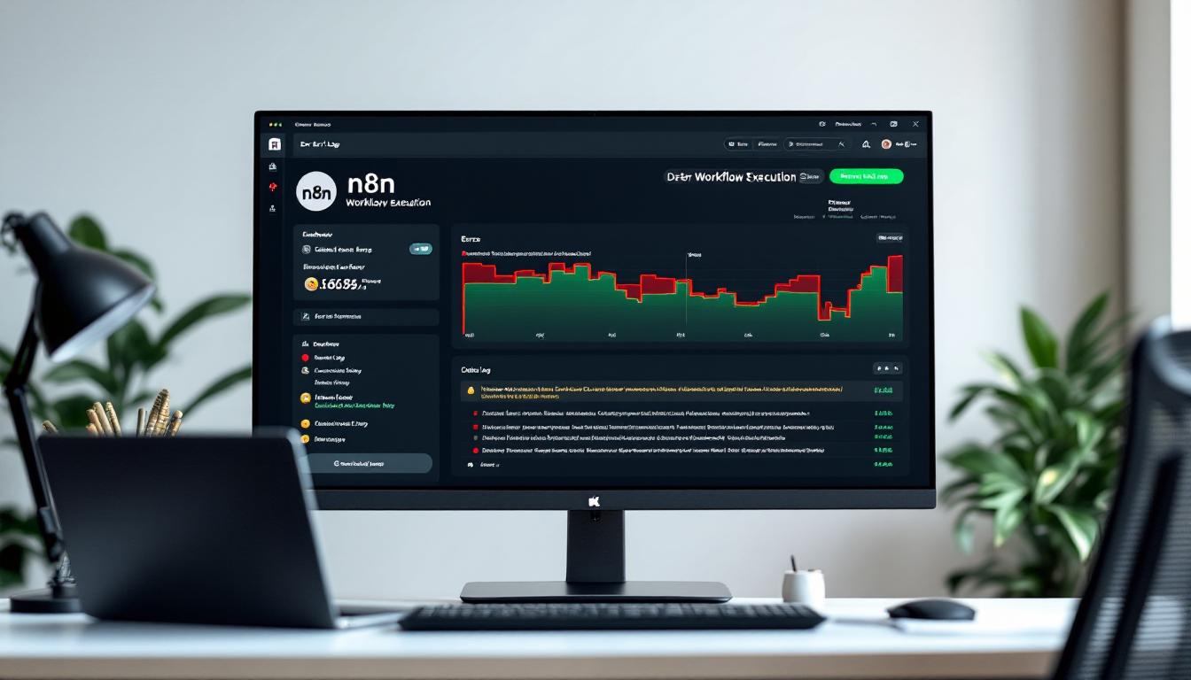 n8n 워크플로우 실행 상태가 표시된 컴퓨터 화면과 오류 로그 확인 장면