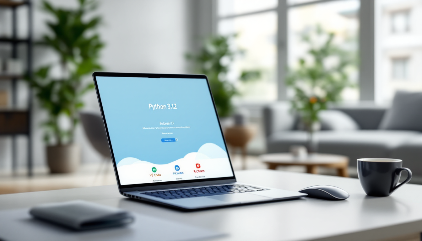 최신 파이썬 3.12 설치 화면과 VS Code, PyCharm 아이콘이 보이는 깔끔하고 정돈된 학습 환경