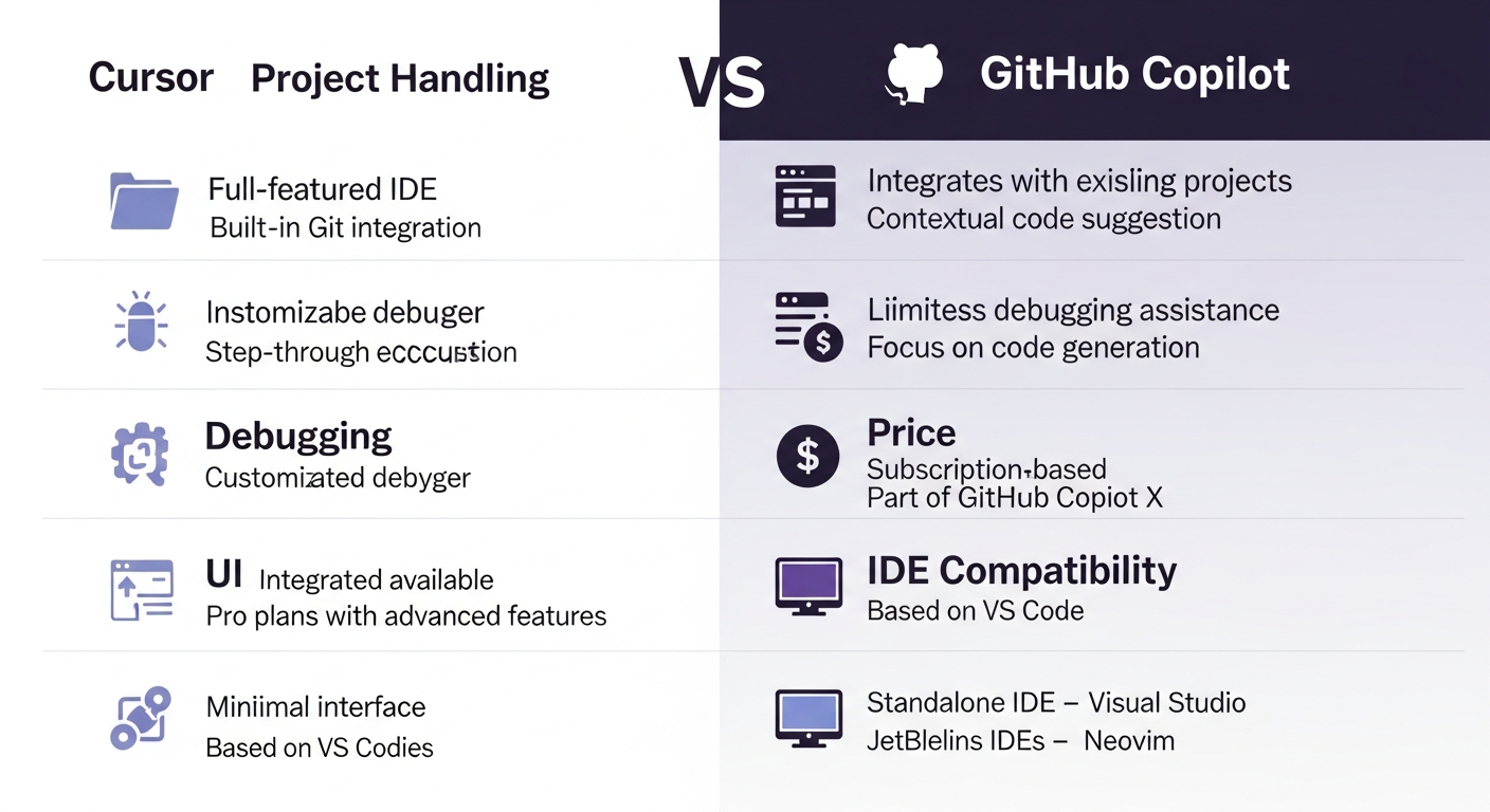 Cursor와 GitHub Copilot 주요 특징을 비교한 인포그래픽