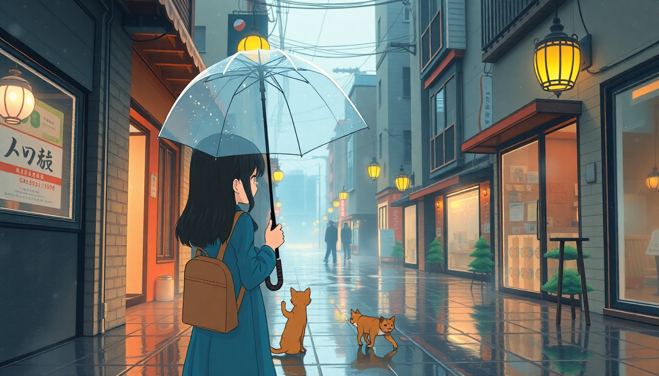 지브리 스타일의 비 오는 서울 골목길에서 투명 우산을 든 소녀와 고양이 그림