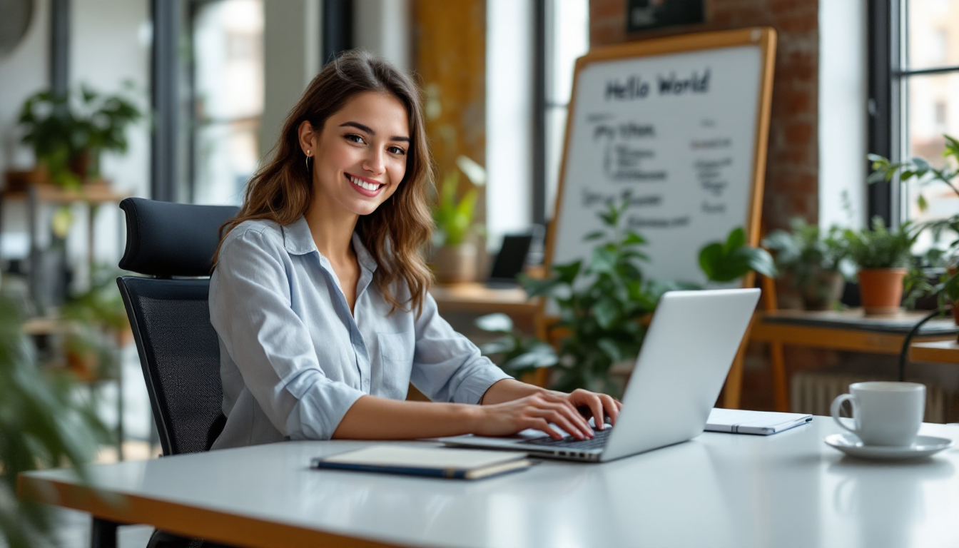 코딩 여정의 시작을 알리는 첫 번째 Hello World 파이썬 코드 타이핑 장면