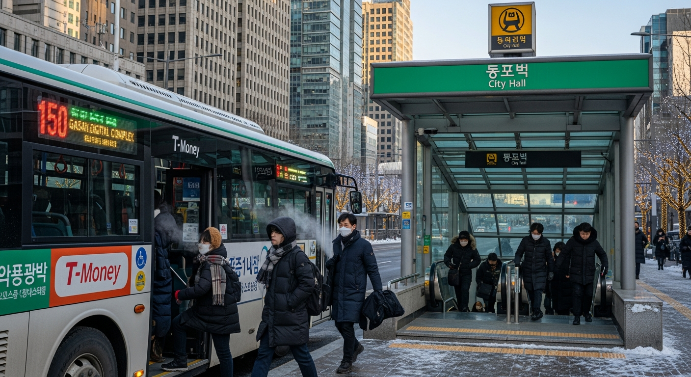 서울 대중교통을 이용하는 사람들과 도시 버스 지하철 입구 모습