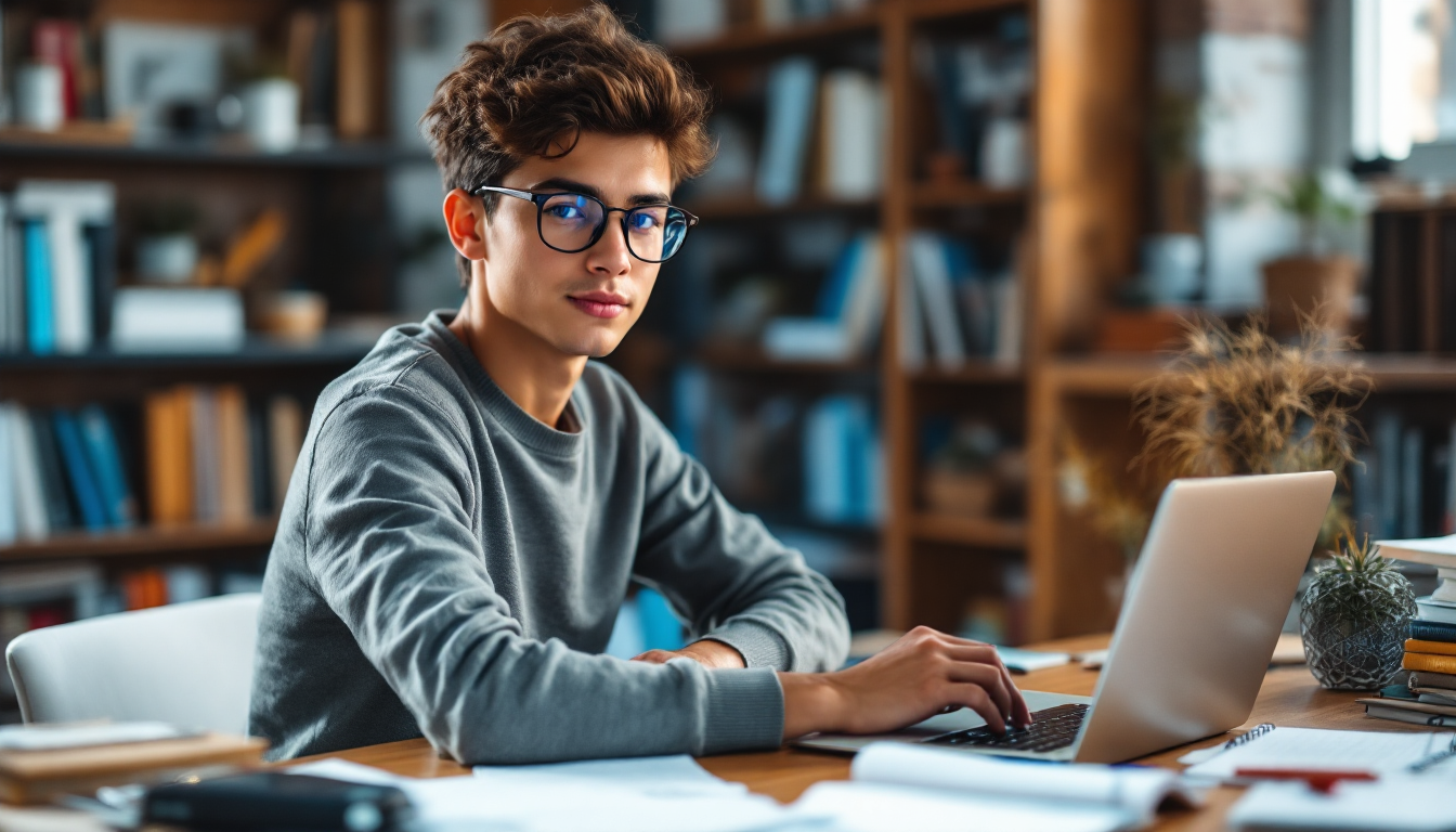 코딩을 시작하는 사람이 노트와 책으로 둘러싸인 책상에서 노트북으로 파이썬 코드를 작성하는 모습